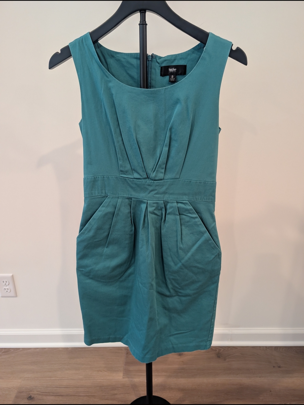 Mossimo Teal Sleeveless Pleated Sheath Dress With Pocket, Size 2